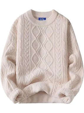Women's Beige Crewneck Pullover Knit Long Sleeve Vintage Cable Oversized Sweater